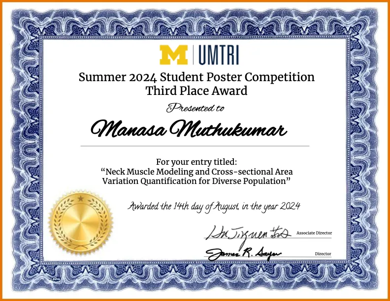 Third Place Award from UMTRI Summer 2024 Student Poster Competition